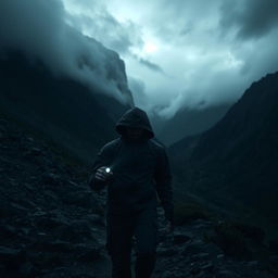 A moody and atmospheric scene of a man journeying into dark mountains, enveloped in mist and shadows