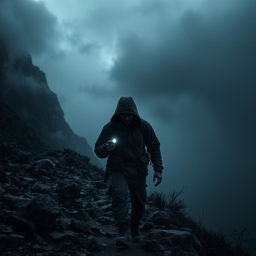 A moody and atmospheric scene of a man journeying into dark mountains, enveloped in mist and shadows