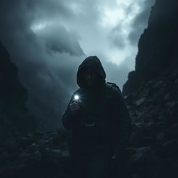 A moody and atmospheric scene of a man journeying into dark mountains, enveloped in mist and shadows