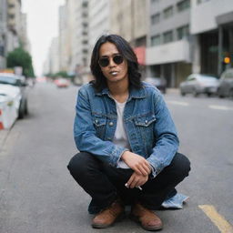 A young Indonesian man with long hair, wearing black sunglasses, a denim jacket and jeans, and boots, sitting on a sidewalk holding a cigarette, with city traffic as the backdrop.