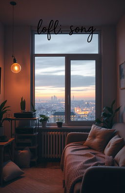 An atmospheric and relaxing music album cover for a lofi song, featuring a cozy room with dim lighting, a record player in the corner, and a large window overlooking a tranquil cityscape at dusk