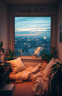 An atmospheric and relaxing music album cover for a lofi song, featuring a cozy room with dim lighting, a record player in the corner, and a large window overlooking a tranquil cityscape at dusk