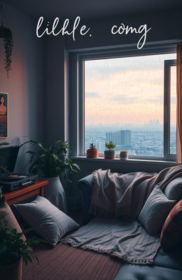 An atmospheric and relaxing music album cover for a lofi song, featuring a cozy room with dim lighting, a record player in the corner, and a large window overlooking a tranquil cityscape at dusk
