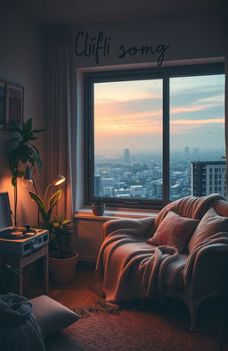 An atmospheric and relaxing music album cover for a lofi song, featuring a cozy room with dim lighting, a record player in the corner, and a large window overlooking a tranquil cityscape at dusk