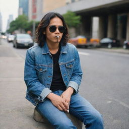 A young Indonesian man with long hair, wearing black sunglasses, a denim jacket and jeans, and boots, sitting on a sidewalk holding a cigarette, with city traffic as the backdrop.