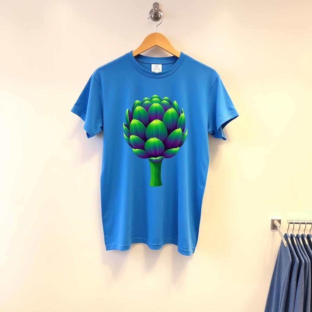 A vibrant blue t-shirt featuring a colorful artful print of an artichoke in the center