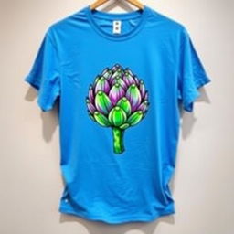 A vibrant blue t-shirt featuring a colorful artful print of an artichoke in the center