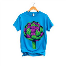 A vibrant blue t-shirt featuring a colorful artful print of an artichoke in the center