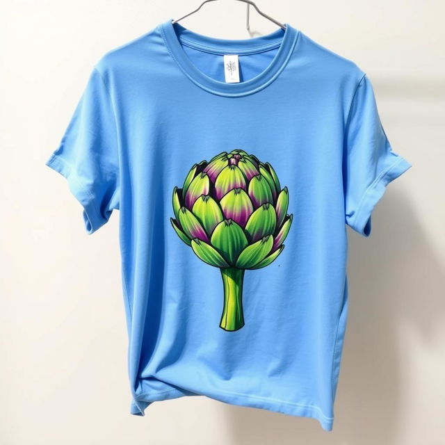 A vibrant blue t-shirt featuring a colorful artful print of an artichoke in the center