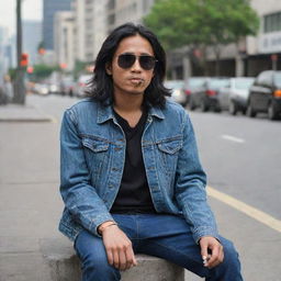 A young Indonesian man with long hair, wearing black sunglasses, a denim jacket and jeans, and boots, sitting on a sidewalk holding a cigarette, with city traffic as the backdrop.