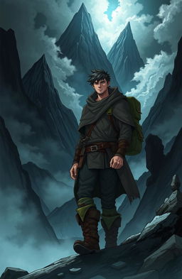 A man with rugged features and a determined expression trekking into dark mountains, surrounded by towering, jagged peaks and ominous clouds