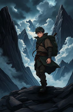 A man with rugged features and a determined expression trekking into dark mountains, surrounded by towering, jagged peaks and ominous clouds