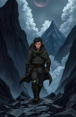 A man with rugged features and a determined expression trekking into dark mountains, surrounded by towering, jagged peaks and ominous clouds