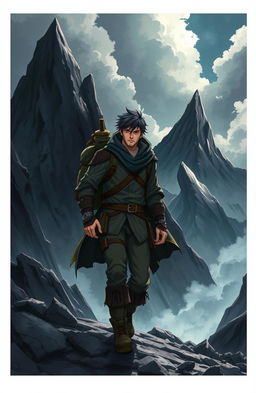 A man with rugged features and a determined expression trekking into dark mountains, surrounded by towering, jagged peaks and ominous clouds