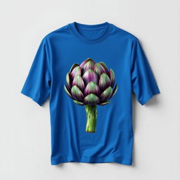 A realistic depiction of a blue t-shirt featuring a detailed, photorealistic art print of an artichoke on the front