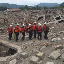 Further update the picture to depict the evacuation process in detail in Banda Aceh. Highlight rescue workers exploring the area, helping trapped residents, and using advanced equipment to find survivors among ruins.