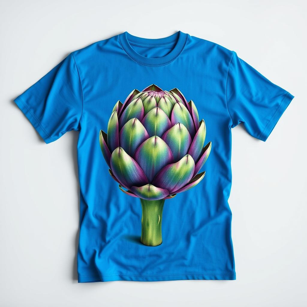 A realistic depiction of a blue t-shirt featuring a detailed, photorealistic art print of an artichoke on the front