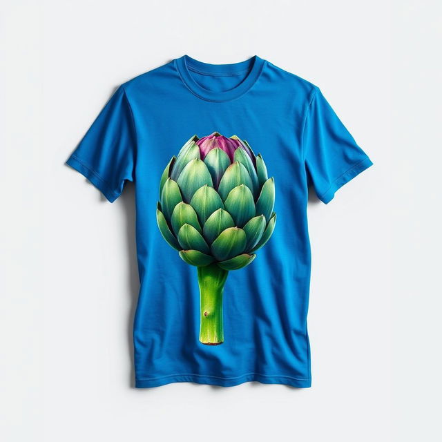 A realistic depiction of a blue t-shirt featuring a detailed, photorealistic art print of an artichoke on the front