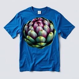 A realistic depiction of a blue t-shirt featuring a detailed, photorealistic art print of an artichoke on the front