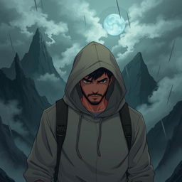 A man with a hooded sweatshirt, featuring a rugged appearance and a resolute stance as he walks into dark mountains, surrounded by towering, jagged peaks and swirling ominous clouds