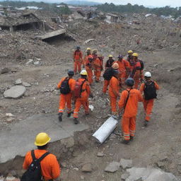 Further update the picture to depict the evacuation process in detail in Banda Aceh. Highlight rescue workers exploring the area, helping trapped residents, and using advanced equipment to find survivors among ruins.