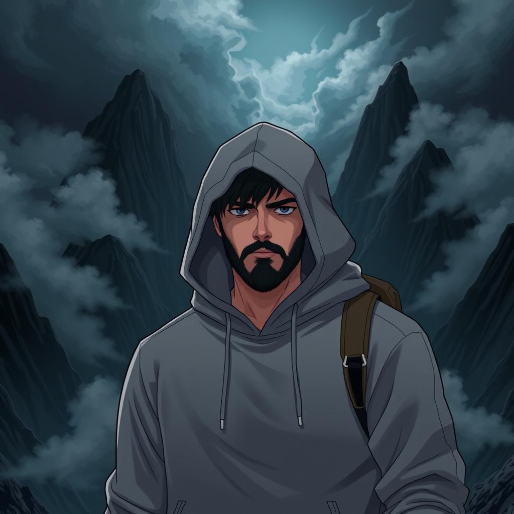 A man with a hooded sweatshirt, featuring a rugged appearance and a resolute stance as he walks into dark mountains, surrounded by towering, jagged peaks and swirling ominous clouds