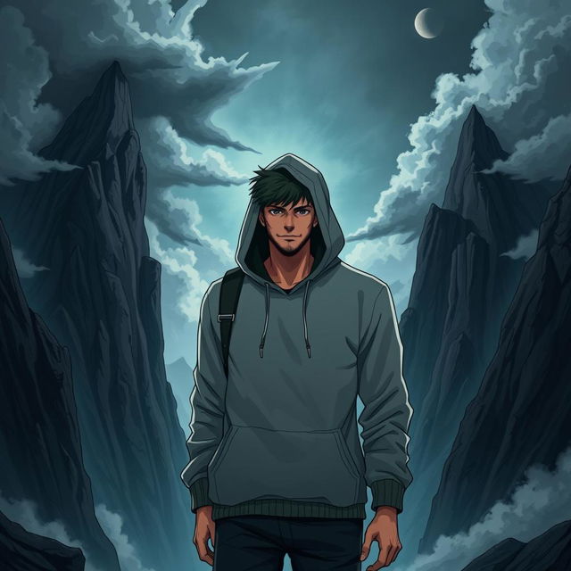 A man with a hooded sweatshirt, featuring a rugged appearance and a resolute stance as he walks into dark mountains, surrounded by towering, jagged peaks and swirling ominous clouds