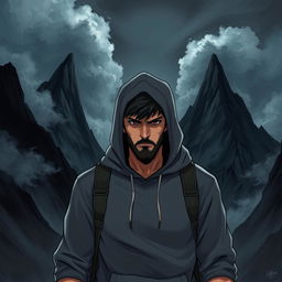 A man with a hooded sweatshirt, featuring a rugged appearance and a resolute stance as he walks into dark mountains, surrounded by towering, jagged peaks and swirling ominous clouds