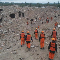 Further update the picture to depict the evacuation process in detail in Banda Aceh. Highlight rescue workers exploring the area, helping trapped residents, and using advanced equipment to find survivors among ruins.