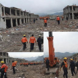 Further update the picture to depict the evacuation process in detail in Banda Aceh. Highlight rescue workers exploring the area, helping trapped residents, and using advanced equipment to find survivors among ruins.