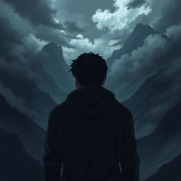 A man wearing a dark hoodie, turned away from the viewer as he ventures into shadowy mountains