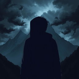 A man wearing a dark hoodie, turned away from the viewer as he ventures into shadowy mountains