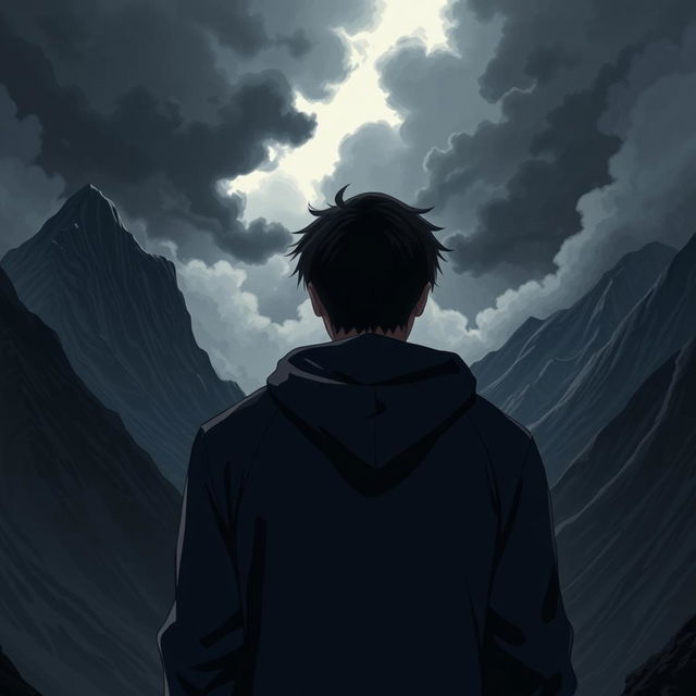 A man wearing a dark hoodie, turned away from the viewer as he ventures into shadowy mountains