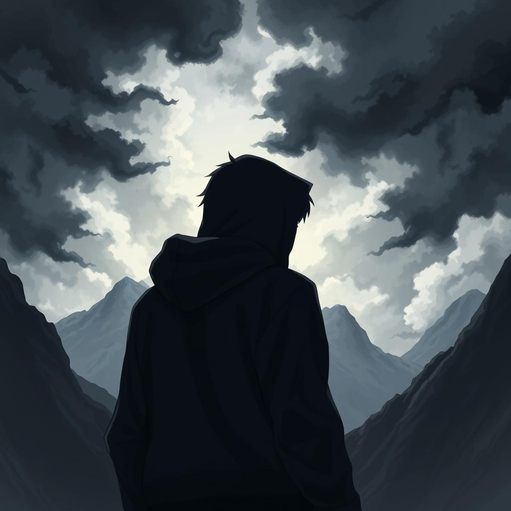 A man wearing a dark hoodie, turned away from the viewer as he ventures into shadowy mountains