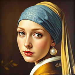 A portrait inspired by the famous painting "Girl with a Pearl Earring," featuring a young woman with a serene expression and a captivating gaze