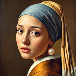 A portrait inspired by the famous painting "Girl with a Pearl Earring," featuring a young woman with a serene expression and a captivating gaze