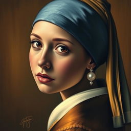 A portrait inspired by the famous painting "Girl with a Pearl Earring," featuring a young woman with a serene expression and a captivating gaze