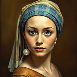 A portrait inspired by the famous painting "Girl with a Pearl Earring," featuring a young woman with a serene expression and a captivating gaze