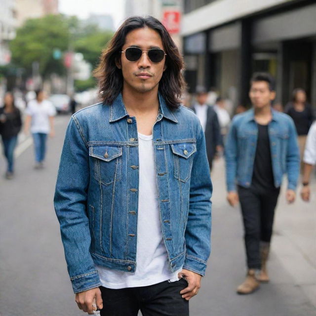 A handsome young Indonesian man with long hair, wearing black sunglasses, a denim jacket and jeans, and boots, standing on a city sidewalk holding a cigarette, with pedestrians passing by in the background.