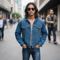 A handsome young Indonesian man with long hair, wearing black sunglasses, a denim jacket and jeans, and boots, standing on a city sidewalk holding a cigarette, with pedestrians passing by in the background.