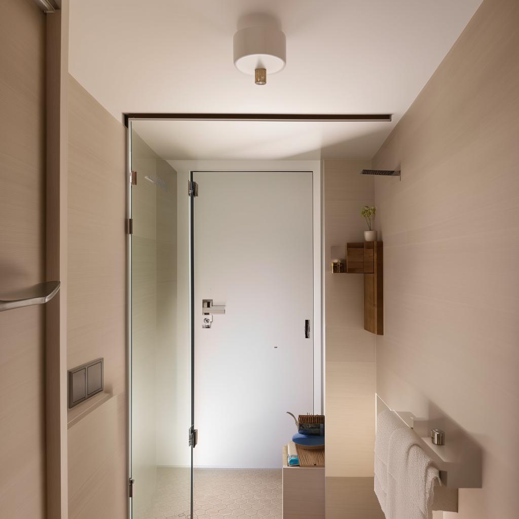 Compact and functional small bathroom designs carrying a door in the middle, equipped with modern fixtures, smart storage and efficient lighting