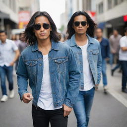 A handsome young Indonesian man with long hair, wearing black sunglasses, a denim jacket and jeans, and boots, standing on a city sidewalk holding a cigarette, with pedestrians passing by in the background.