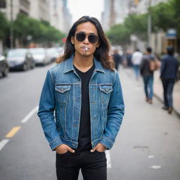 A handsome young Indonesian man with long hair, wearing black sunglasses, a denim jacket and jeans, and boots, standing on a city sidewalk holding a cigarette, with pedestrians passing by in the background.