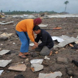 Modify the image to capture a touching moment where a local resident stumbles upon a survivor in the wreckage, signifying a beacon of hope amid the devastation left by the tsunami in Banda Aceh.