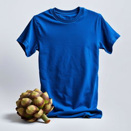 a realistic art piece featuring a smooth, wrinkle-free blue t-shirt displayed prominently, showcasing its vibrant color and texture, complemented by a beautifully detailed and realistic artichoke placed artistically beside it to create an inviting composition, against a simple, neutral background that enhances the colors and shapes of the t-shirt and artichoke