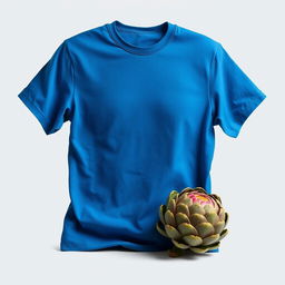 a realistic art piece featuring a smooth, wrinkle-free blue t-shirt displayed prominently, showcasing its vibrant color and texture, complemented by a beautifully detailed and realistic artichoke placed artistically beside it to create an inviting composition, against a simple, neutral background that enhances the colors and shapes of the t-shirt and artichoke
