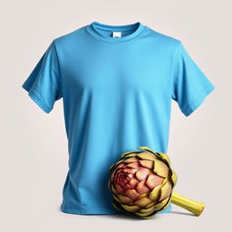 a realistic art piece featuring a smooth, wrinkle-free blue t-shirt displayed prominently, showcasing its vibrant color and texture, complemented by a beautifully detailed and realistic artichoke placed artistically beside it to create an inviting composition, against a simple, neutral background that enhances the colors and shapes of the t-shirt and artichoke