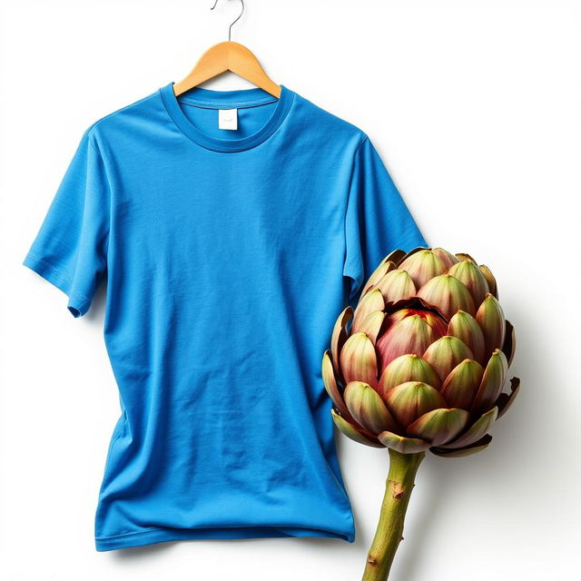 a realistic art piece featuring a smooth, wrinkle-free blue t-shirt displayed prominently, showcasing its vibrant color and texture, complemented by a beautifully detailed and realistic artichoke placed artistically beside it to create an inviting composition, against a simple, neutral background that enhances the colors and shapes of the t-shirt and artichoke