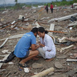 Modify the image to capture a touching moment where a local resident stumbles upon a survivor in the wreckage, signifying a beacon of hope amid the devastation left by the tsunami in Banda Aceh.