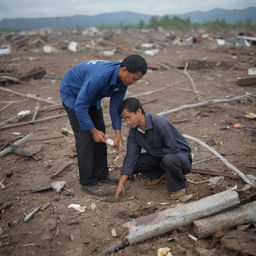 Modify the image to capture a touching moment where a local resident stumbles upon a survivor in the wreckage, signifying a beacon of hope amid the devastation left by the tsunami in Banda Aceh.